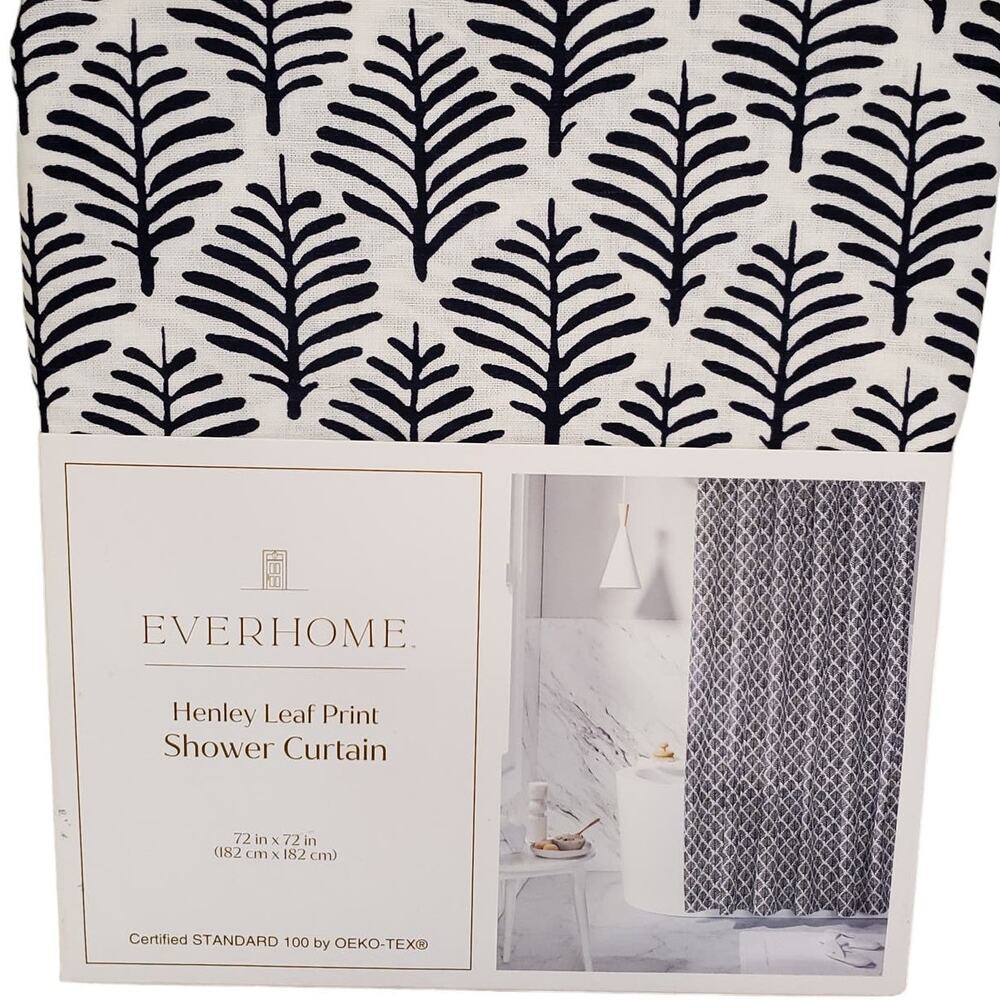 Linen Shower Curtain Everhome Henley Leaf Print Maritime Blue 72 x 72 Shower